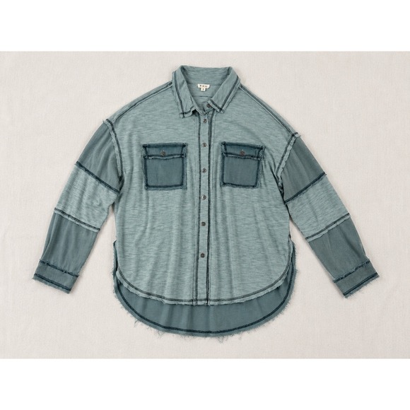 POL Clothing Tops - POL Clothing Mixed Media Patchwork Button Down Shirt Teal‎ Blue Small